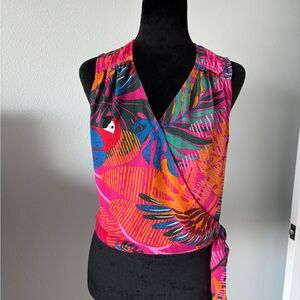 Joie sleeveless XS faux wrap tropical parrot print top in green blue